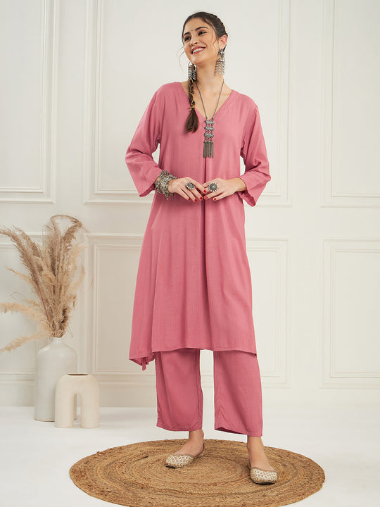 Light Rose Pink Solid V Neck Kurta Pant Set