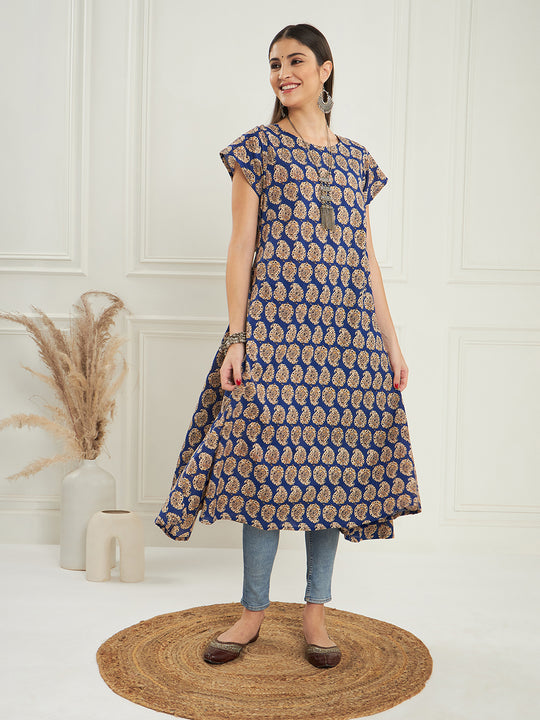 Ink Blue Small Paisley Kalamkari A Line Dress