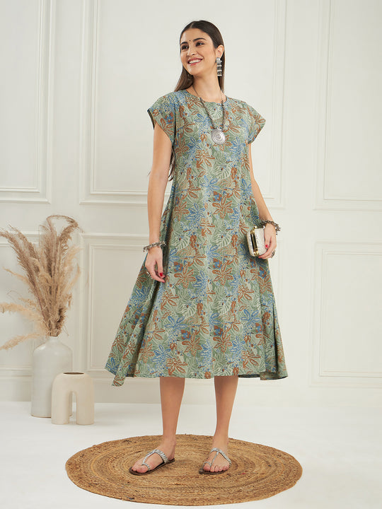 Dull Green Leaf Floral Print A Line Dress