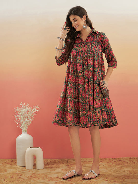Green Red Mughal Kalamkari Flared Dress