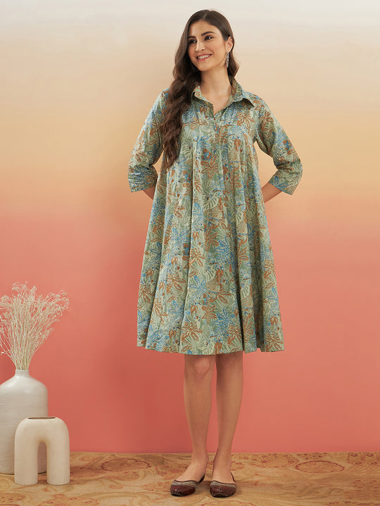 Dull Green Leaf Floral Print Flared Dress