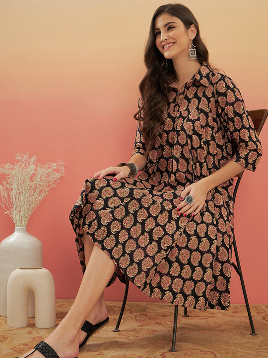 Black Small Paisley Kalamkari Flared Dress