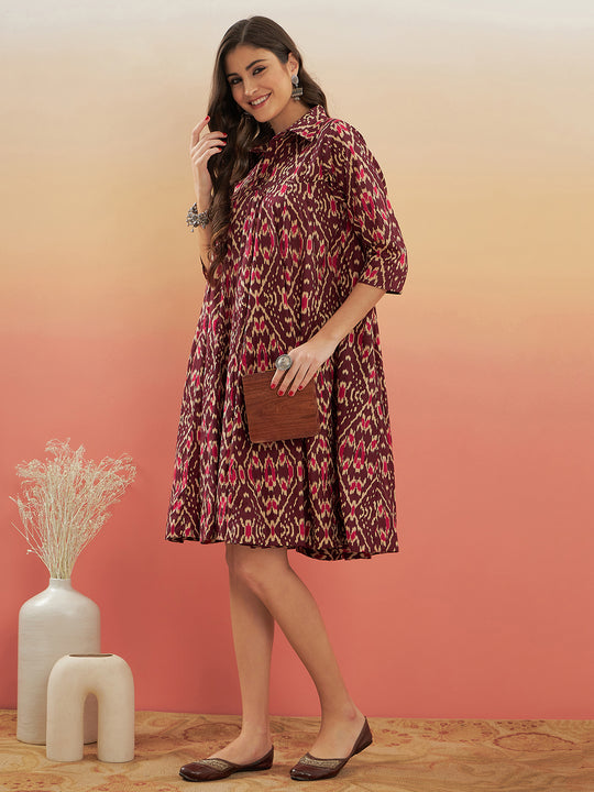 Wine Ikkat Print Flared Dress