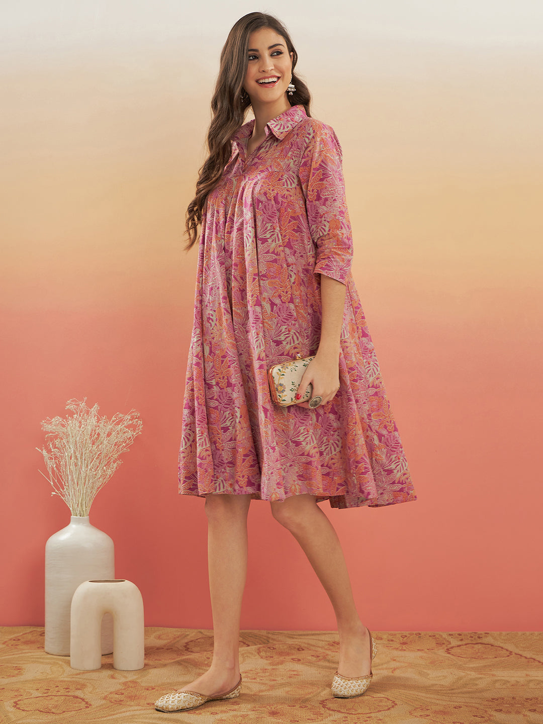 Pink Coral Floral Print Flared Dress