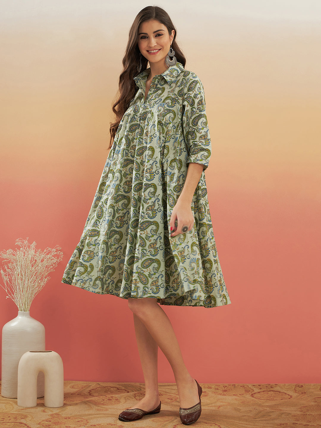 Sage Green Paisley Print Flared Dress