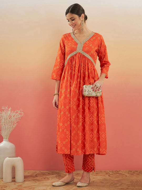 Orange S Print Alia Cut Gota Work Kurta Set