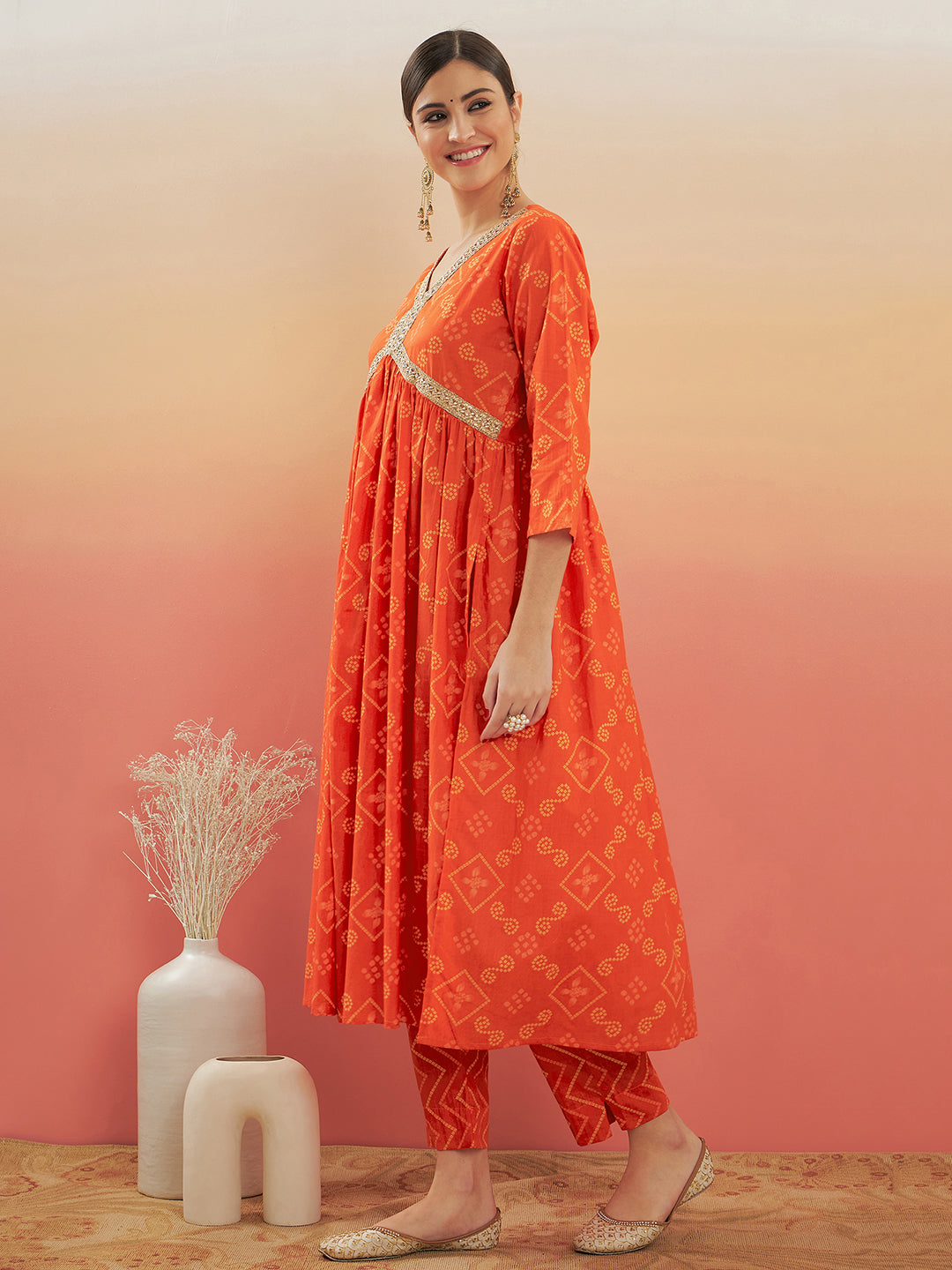 Occasion Wear Orange Color Designer Cotton Kurti