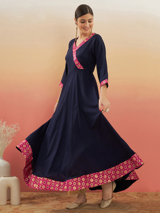 Navy Blue Pink Border Anarkali Kurta