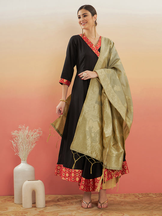 Black Red Border Anarkali W Golden Wedding Brocade Dupatta