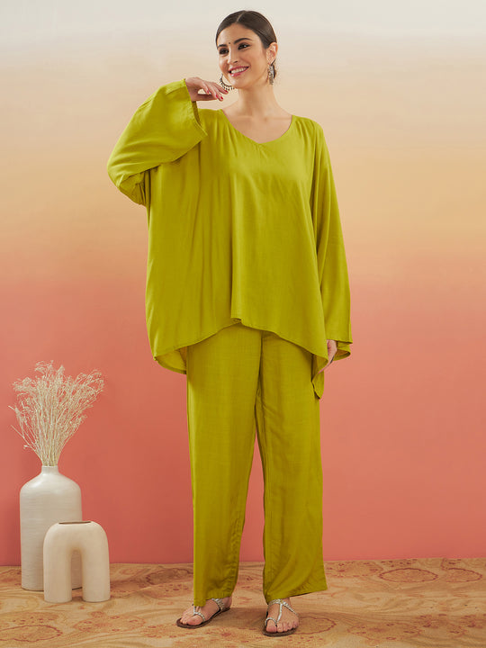 Pear Green Solid Boho Full Sleeve Coord Set