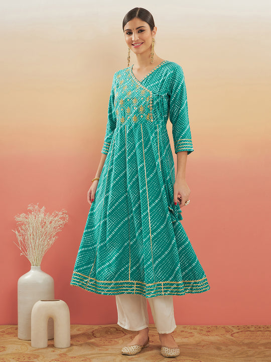 Teal Lehriya Gota Work Angrakha Style Anarkali Kurta