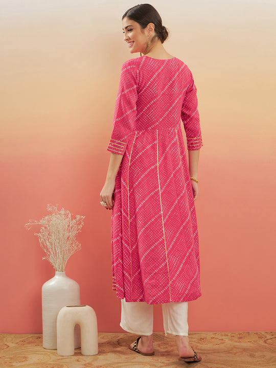 Punch Pink Lehriya Gota Work Angrakha Style Anarkali Kurta