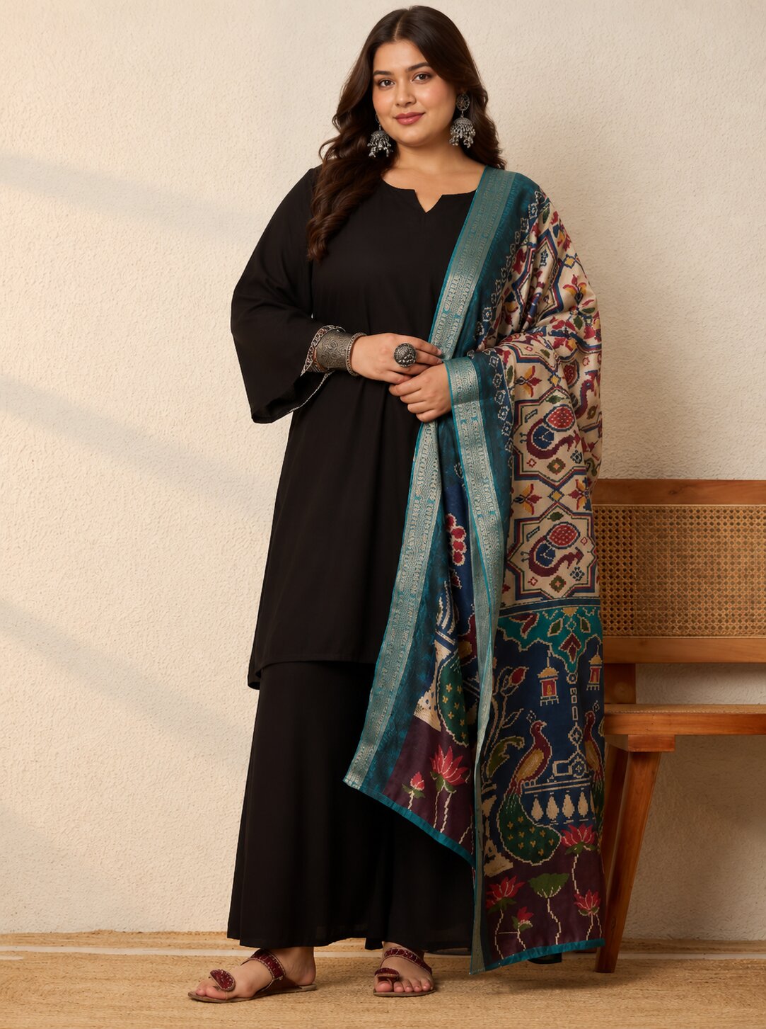 Black Kurta Set Vibrant Peacock Dupatta