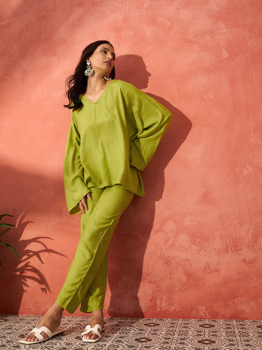 Pear Green Solid Boho Full Sleeve Coord Set