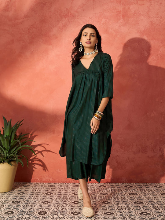 Pine Green Lurex Flared V Neck Kurta Palazzo Set