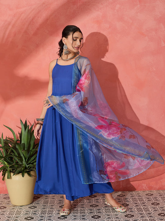 Strappy Ink Blue With Blue  Fuschia Floral Organza Dupatta Set