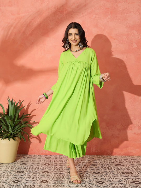 LIME GREEN FLARED KURTA PALAZZO SET