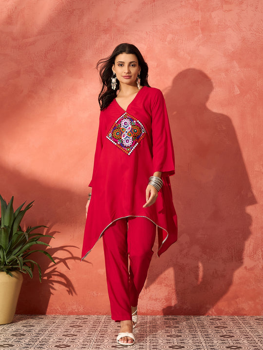 Red Square Maroon Patch Work Assymentrical Kurta Set