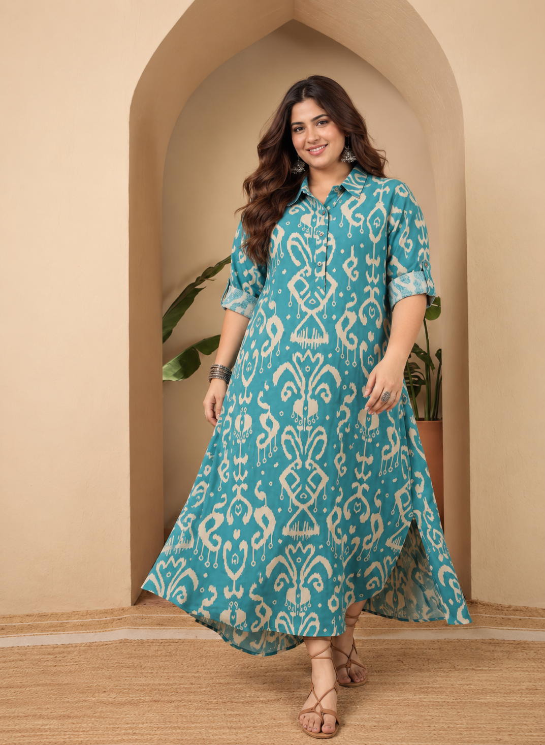 Teal Damask Shirt Collar Long Dress