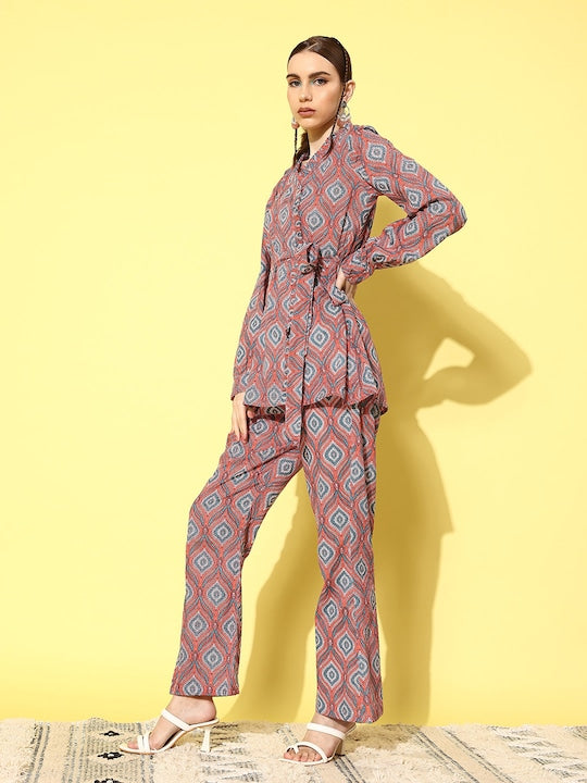 Pink Blue Ogee Print Belted Coord Set