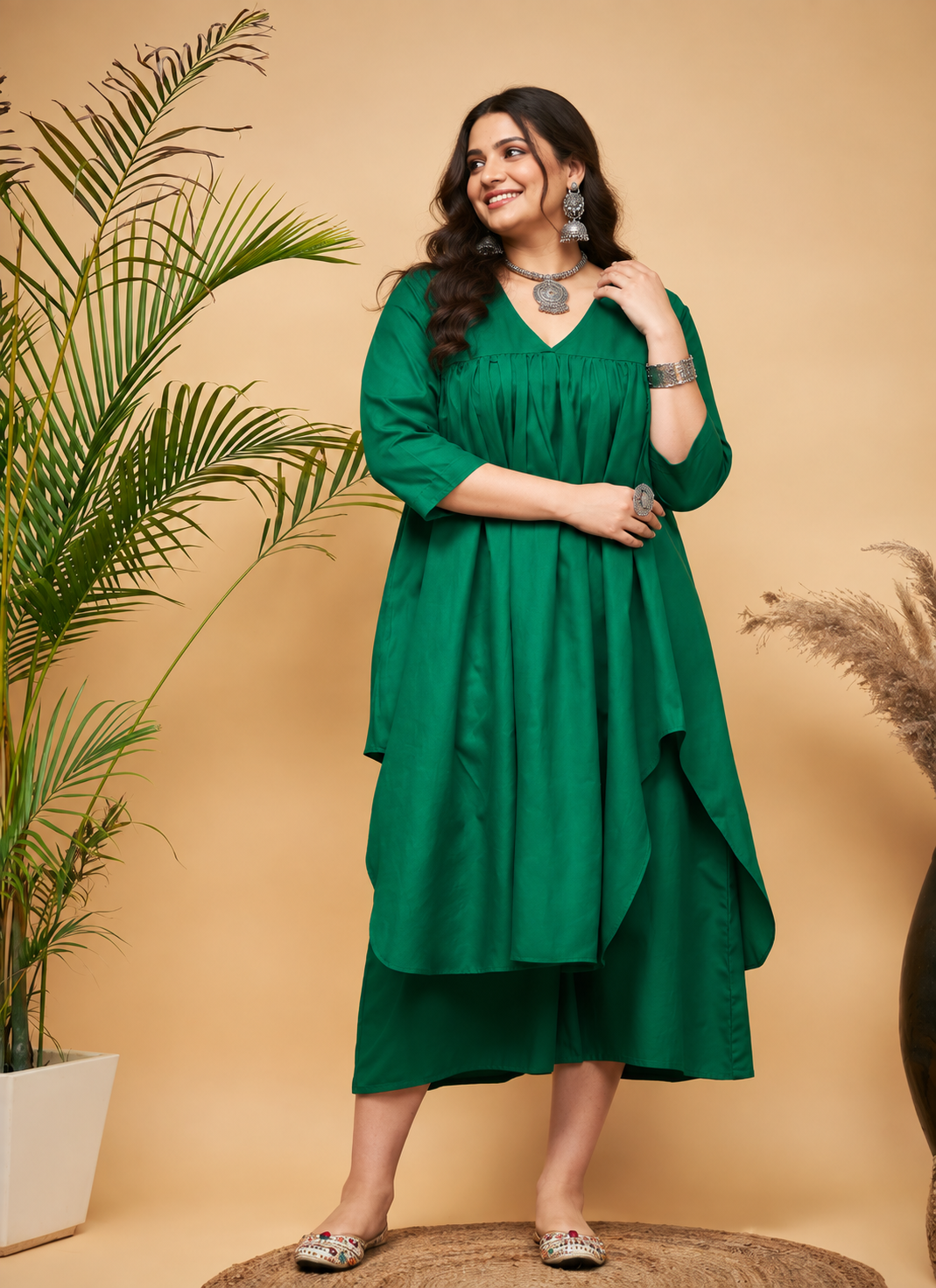 Forest Green Flared Kurta Palazzo Set