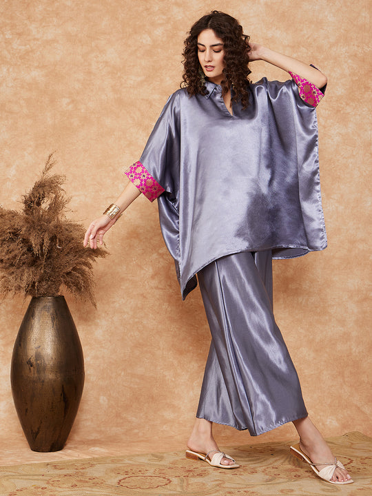 Grey Pink Brocade Satin Boho Kurta Palazzo Set