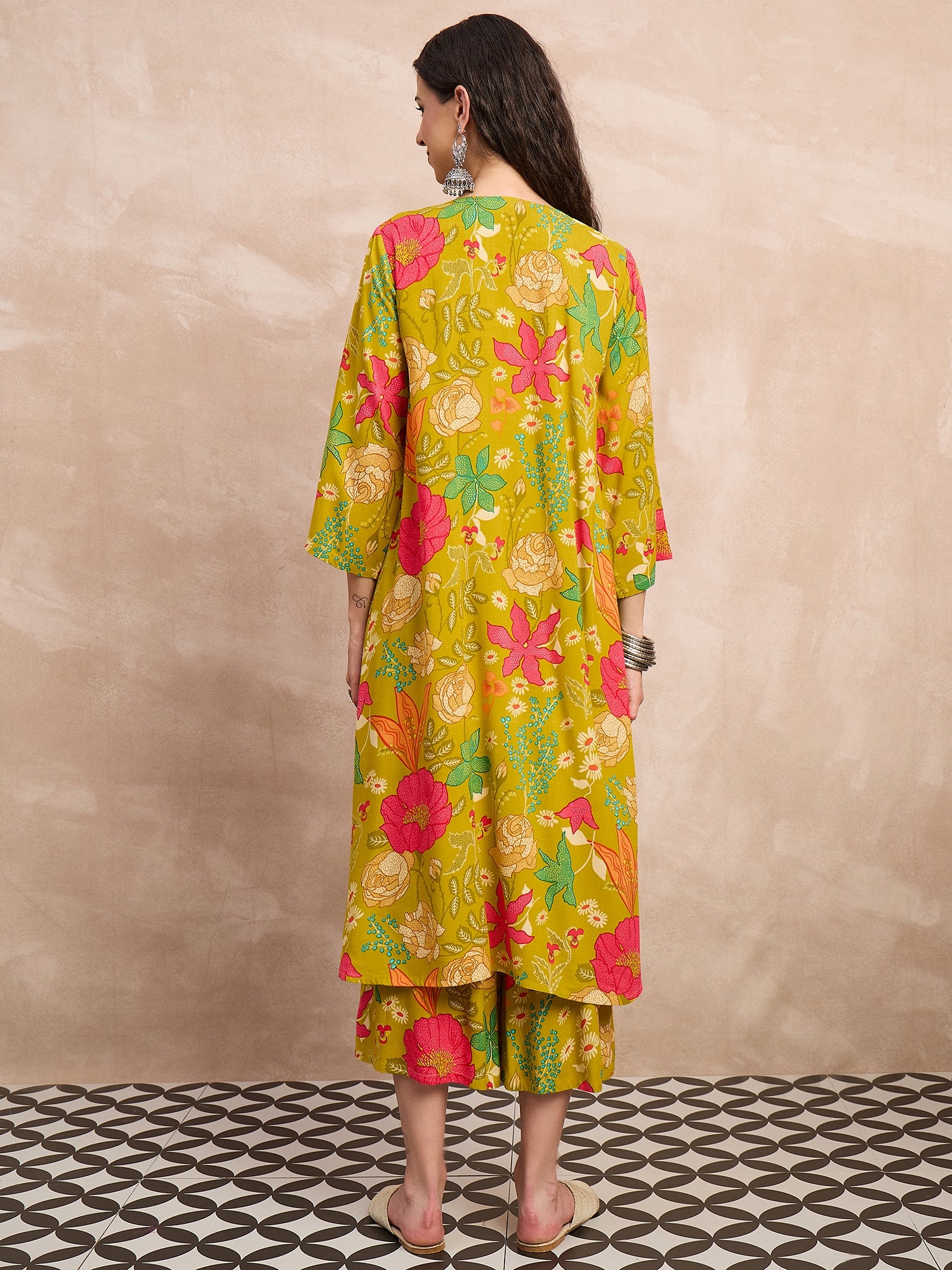 Lemon Yellow Rose Print Flared Kurta Set