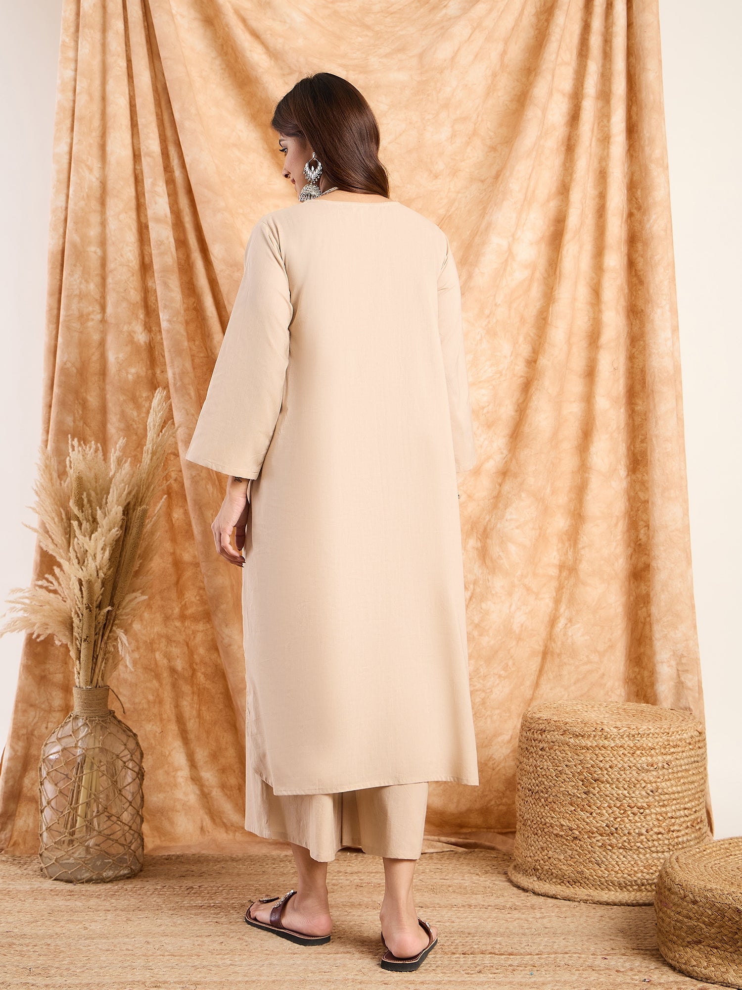 Beige Pastel V Neck Flared Kurta Set