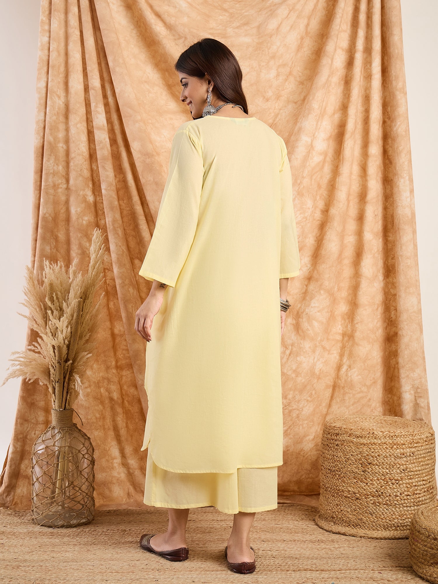 Light Yellow Pastel V Neck Flared Kurta Set