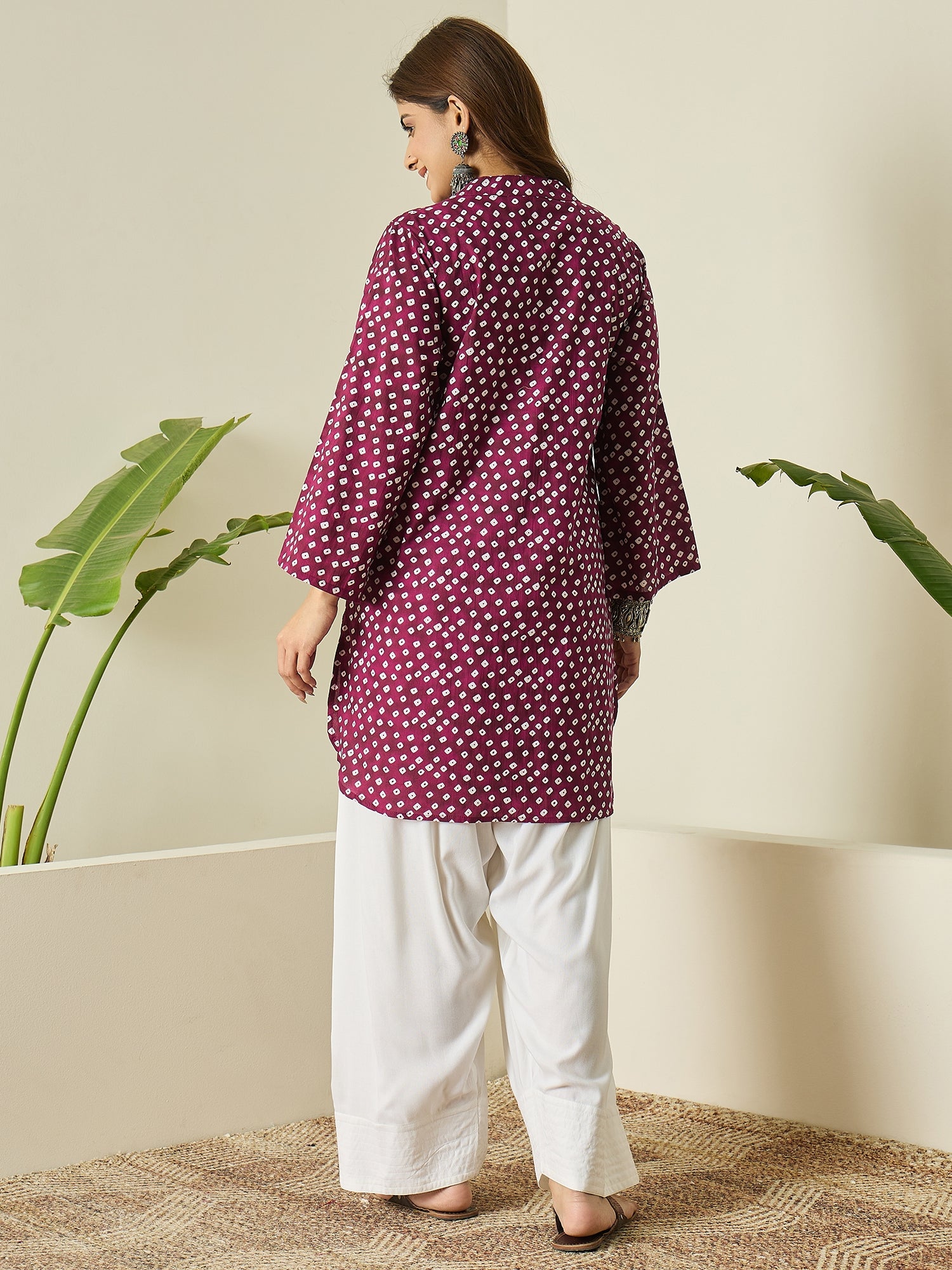 Wine White Dot Kurta White Salwar Set