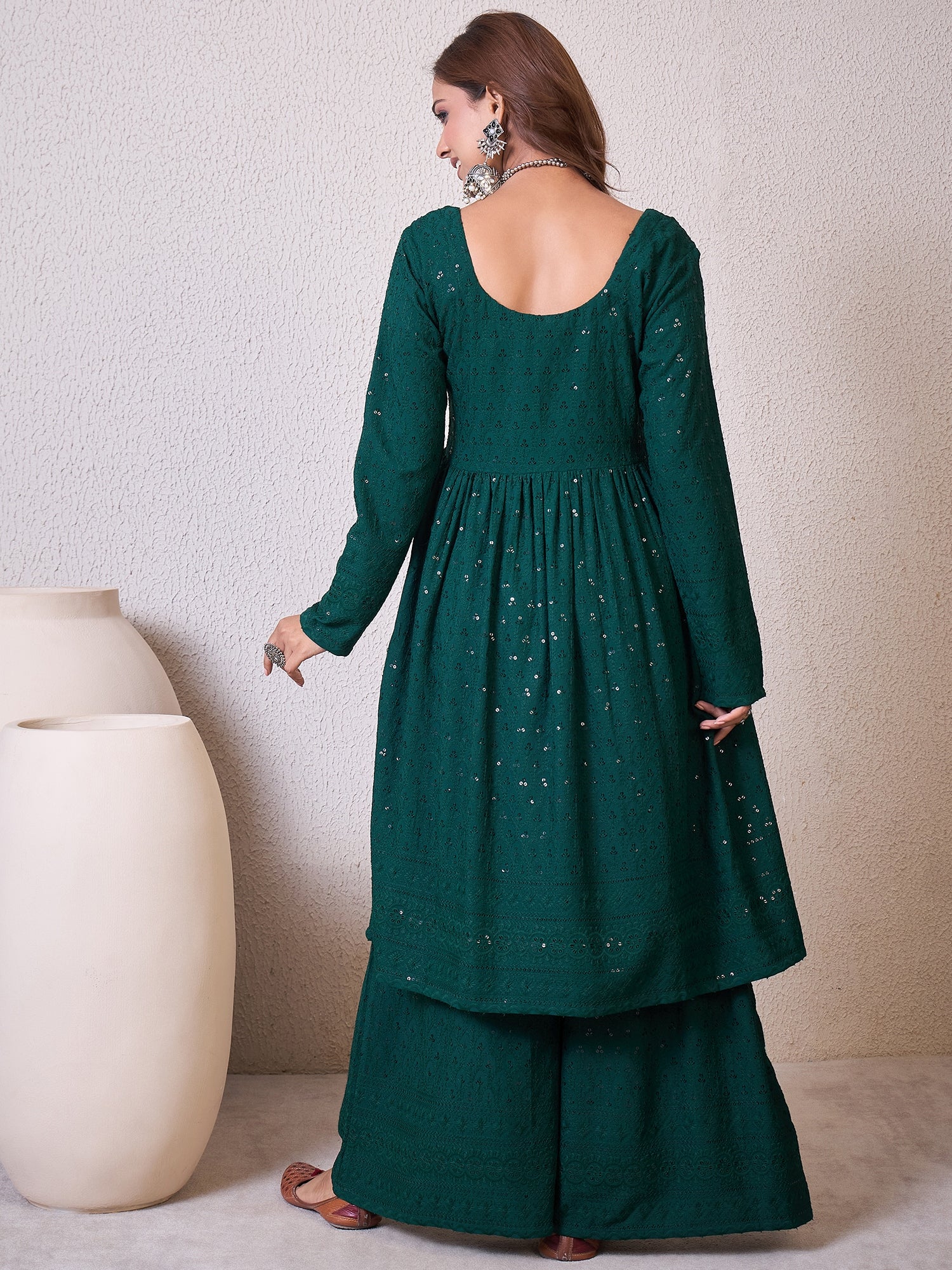 Dark Green Chikankari Sweetheart Set