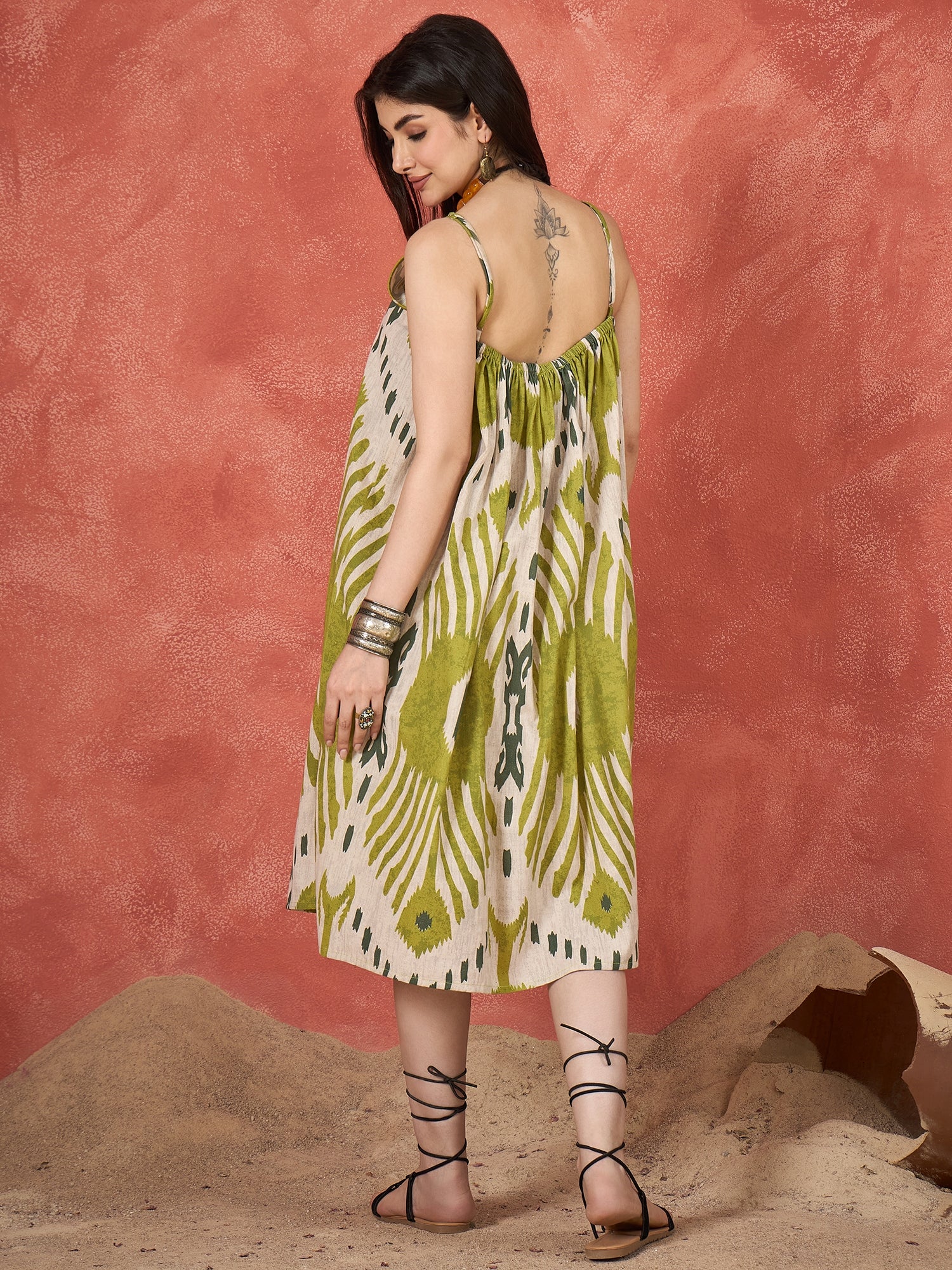 Olive White Ikkat Print Strappy Dress