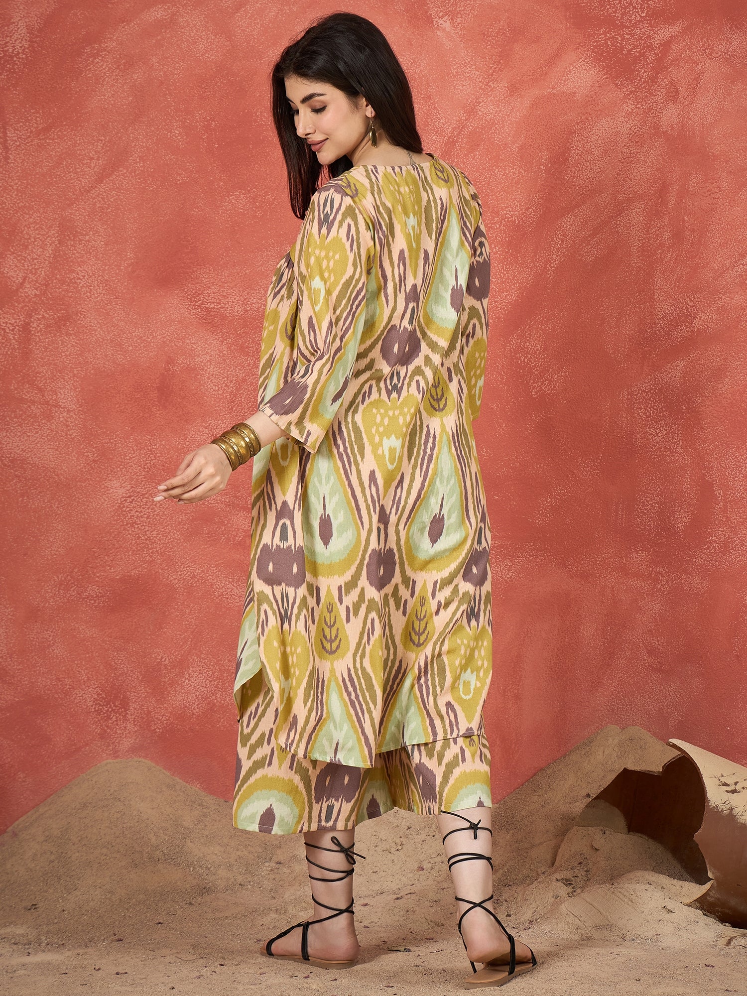 Olive Brown Ikkat Print V Neck Kurta Set