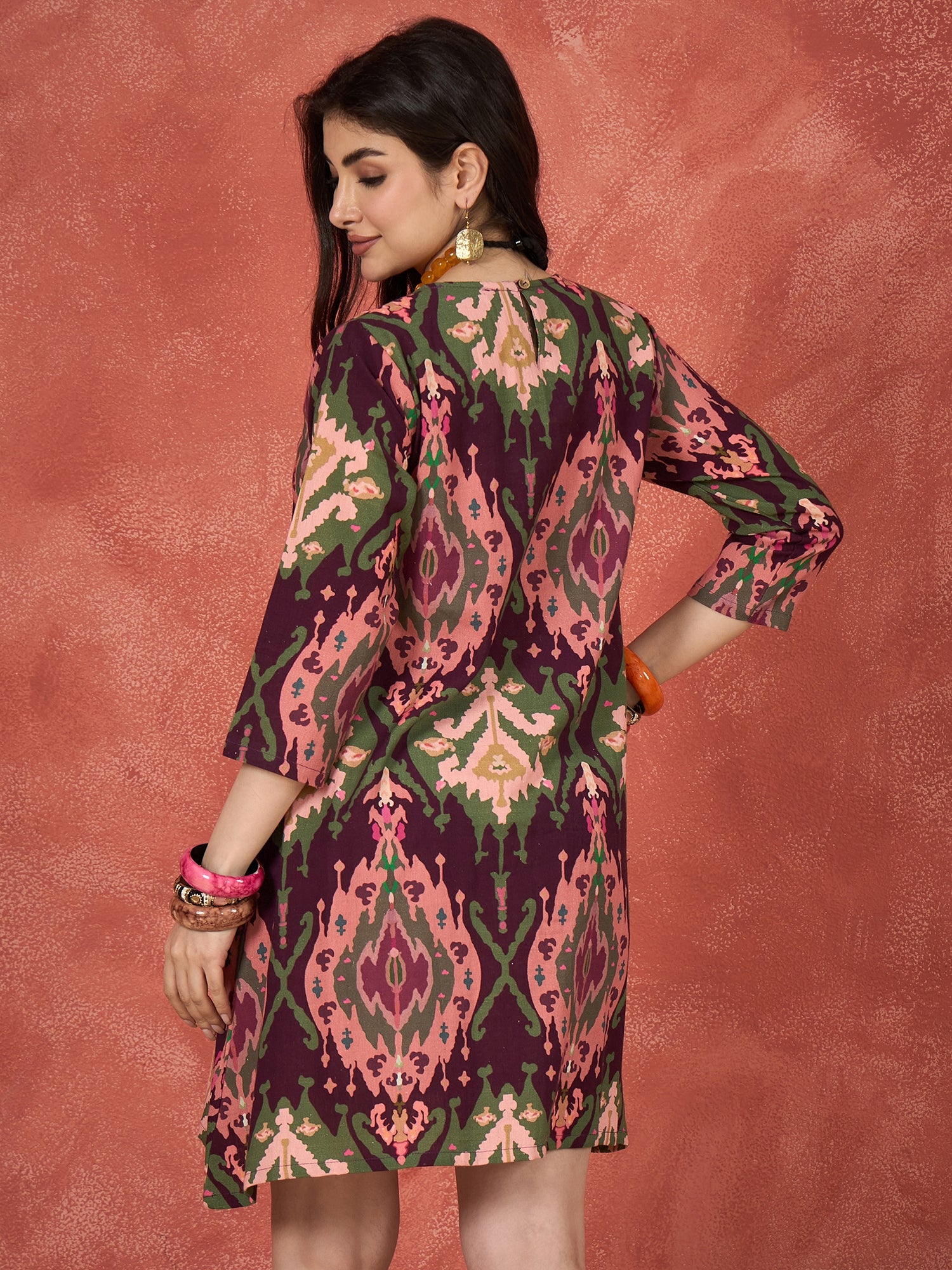 Wine Peach Ikkat Print Round Neck Short Dress