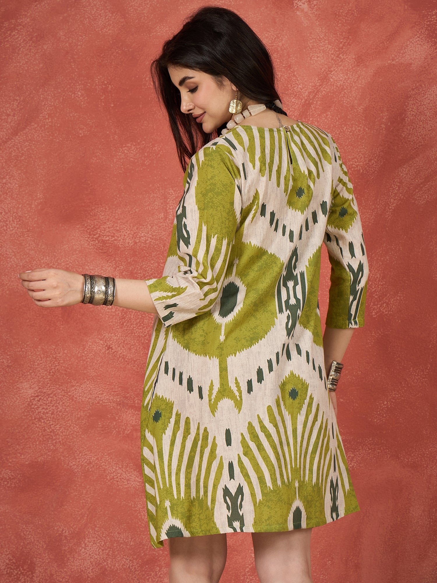 Olive White Ikkat Print Round Neck Short Dress