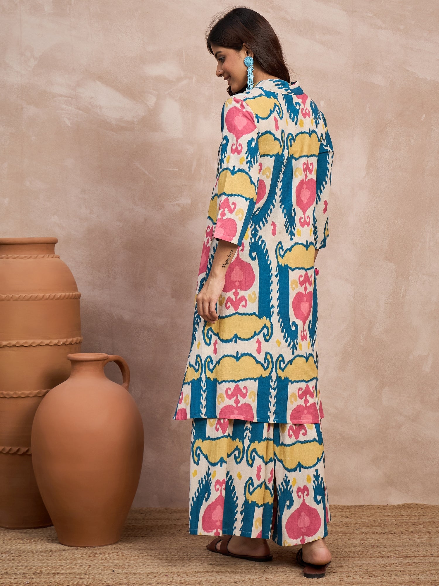 Teal Red Ikkat Print Mandarin Neck Kurta Set