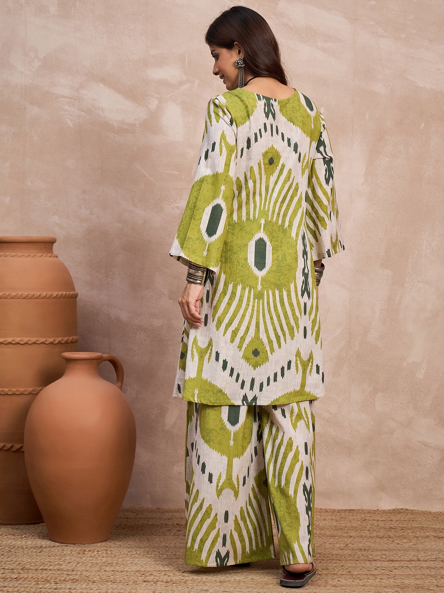 Olive White Ikkat Print Long Sleeve Kurta Set
