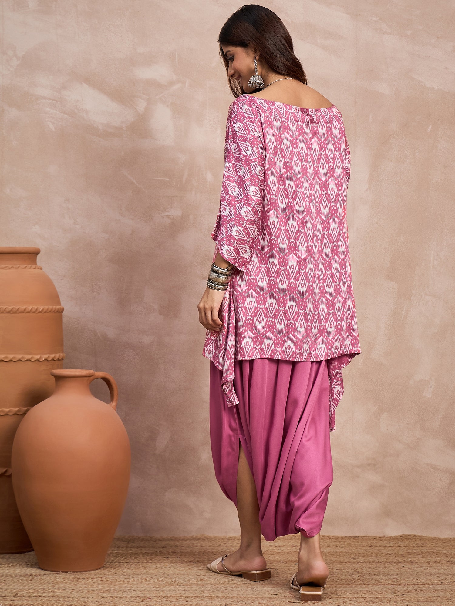 Punch Pink Foil Boat Neck Dhoti Set