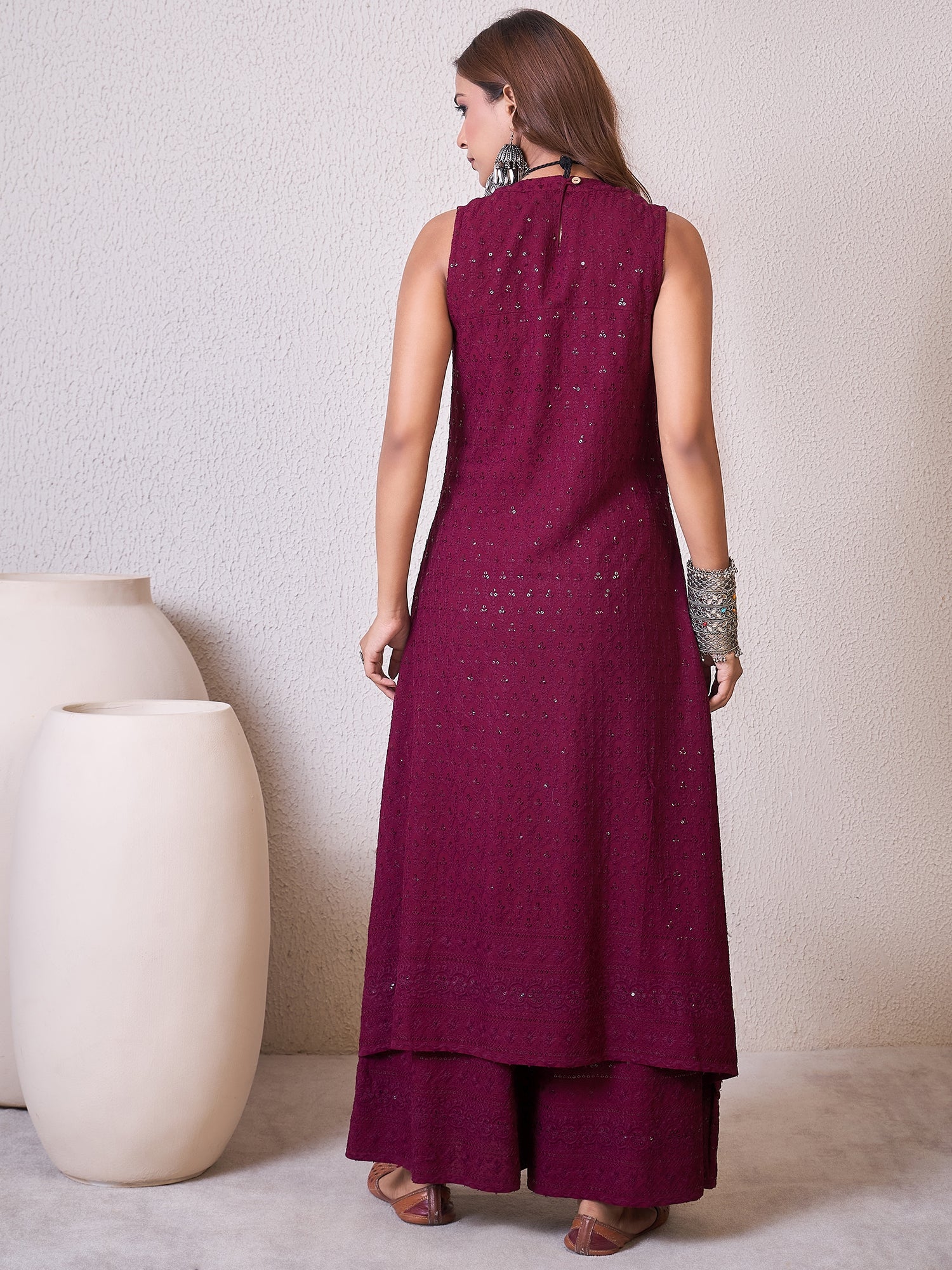Wine Chikankari Halter Kurta Set