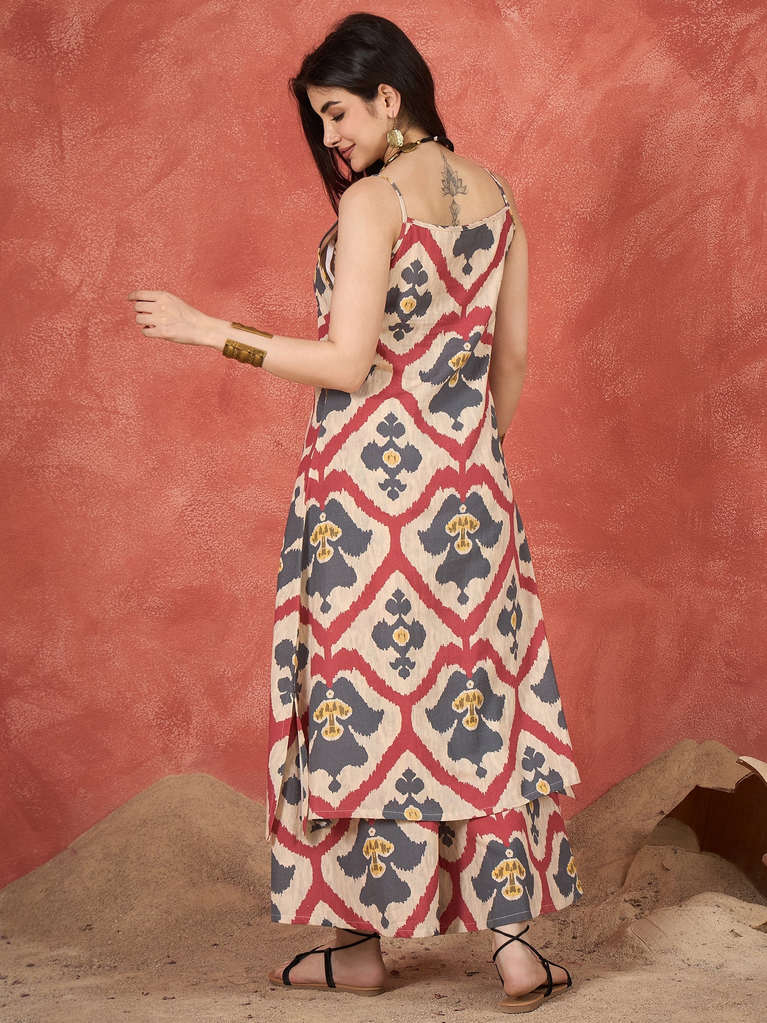 Beige Red Grey Ikkat Print Button Strappy Kurta Set