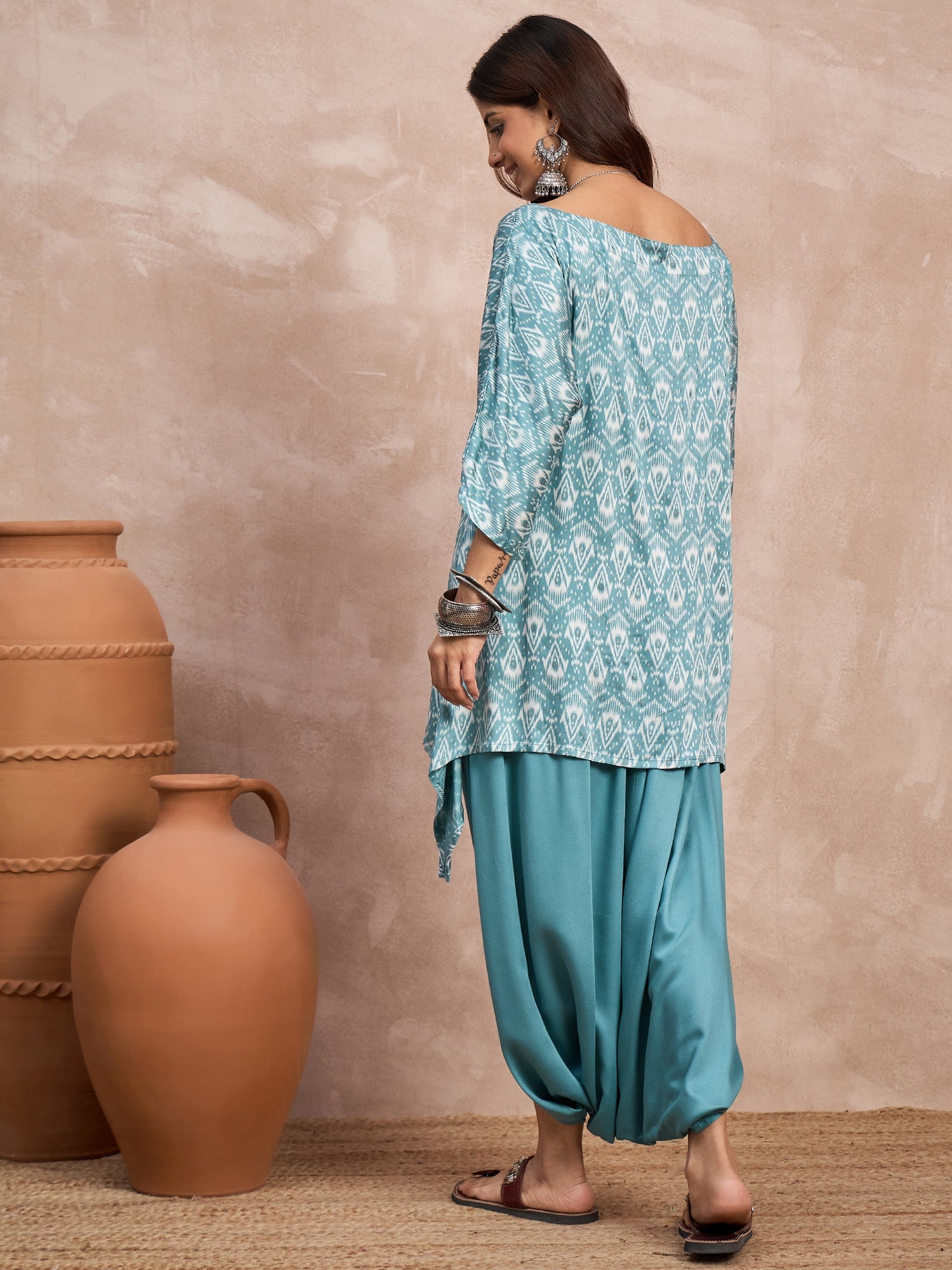 Light Teal Foil Boat Neck Dhoti Set