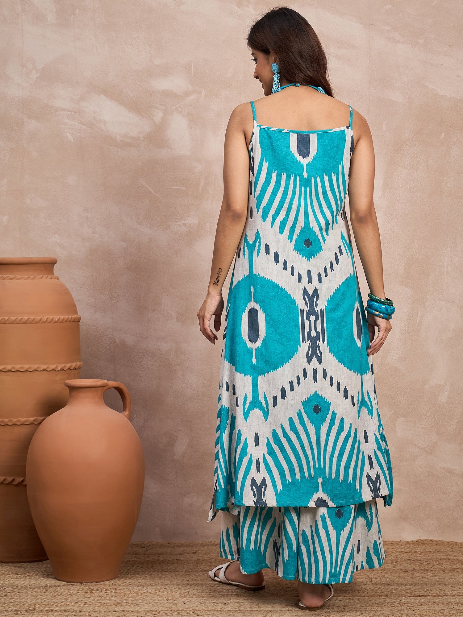 Sky Blue Ikkat Print Button Strappy Kurta Set