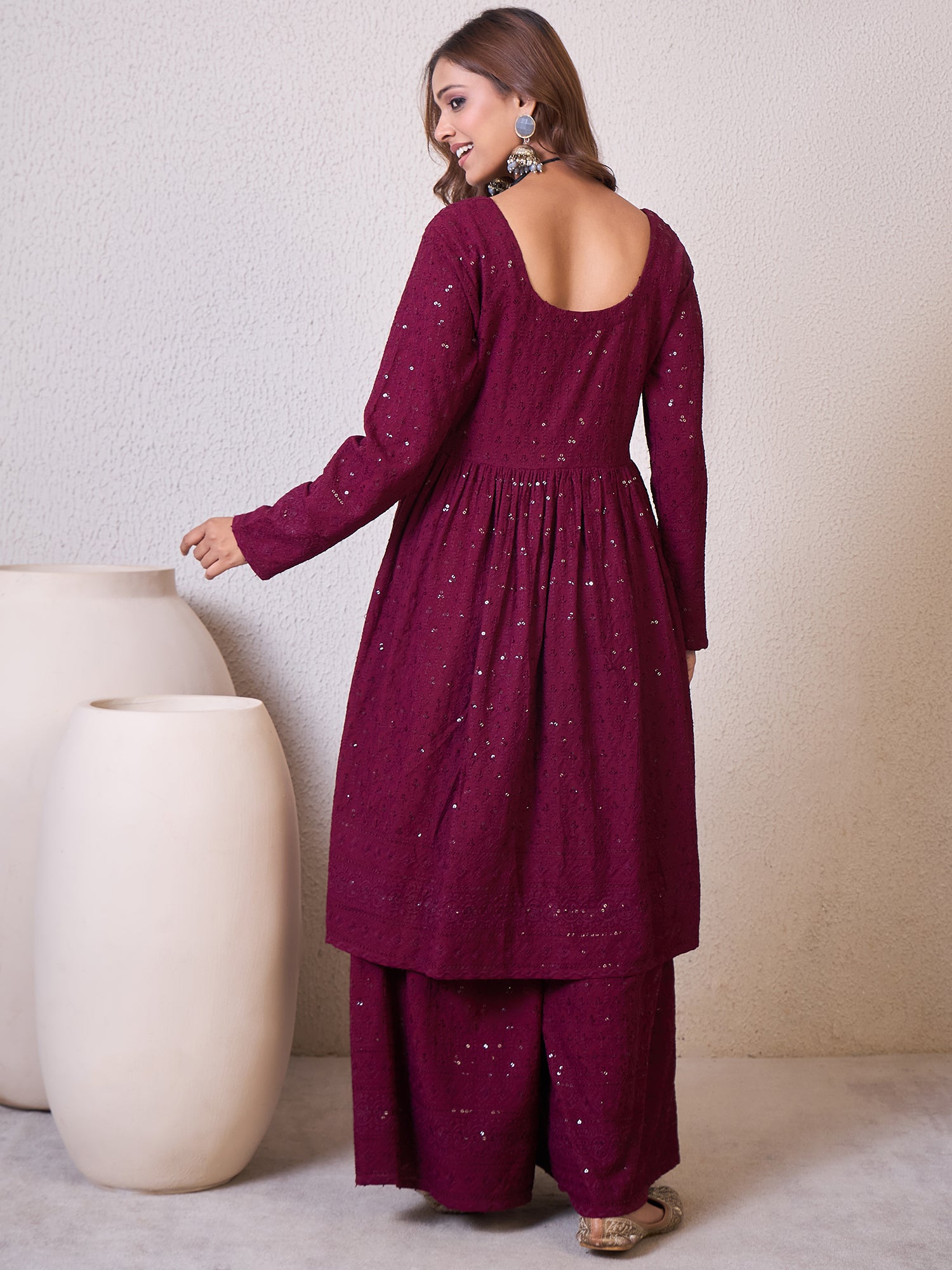 Wine Chikankari Sweetheart Set