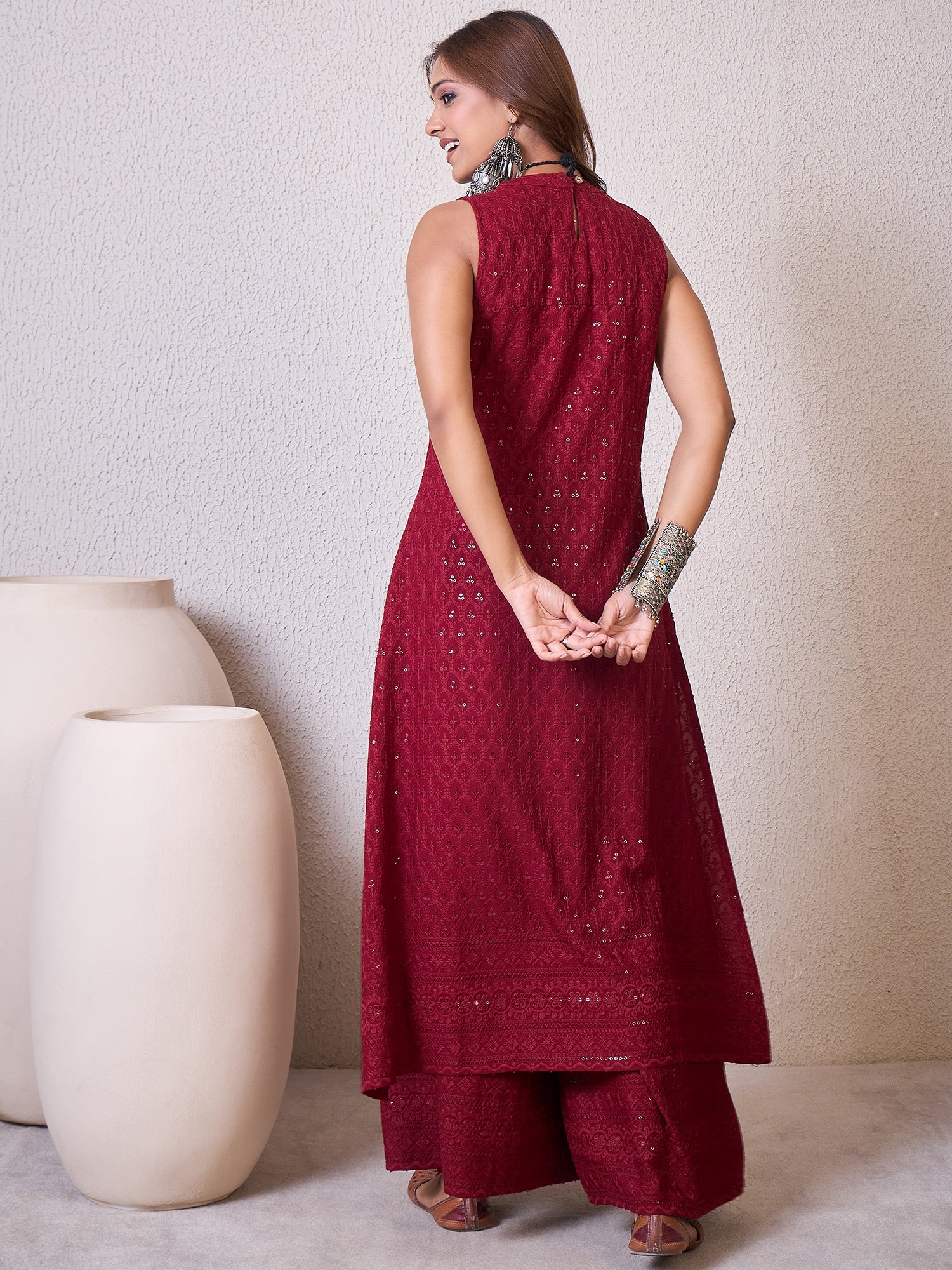 Maroon Chikankari Halter Kurta Set