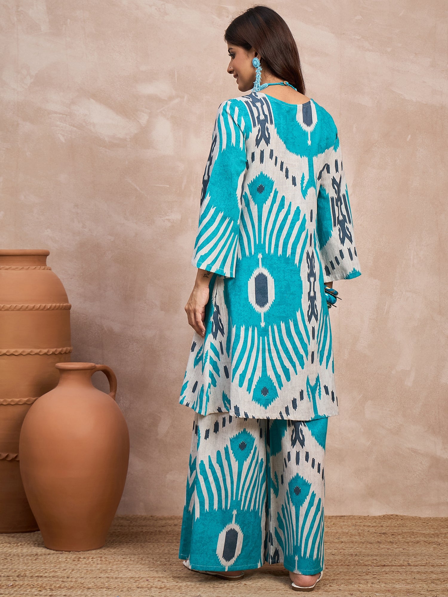 Sky Blue Ikkat Print Long Sleeve Kurta Set
