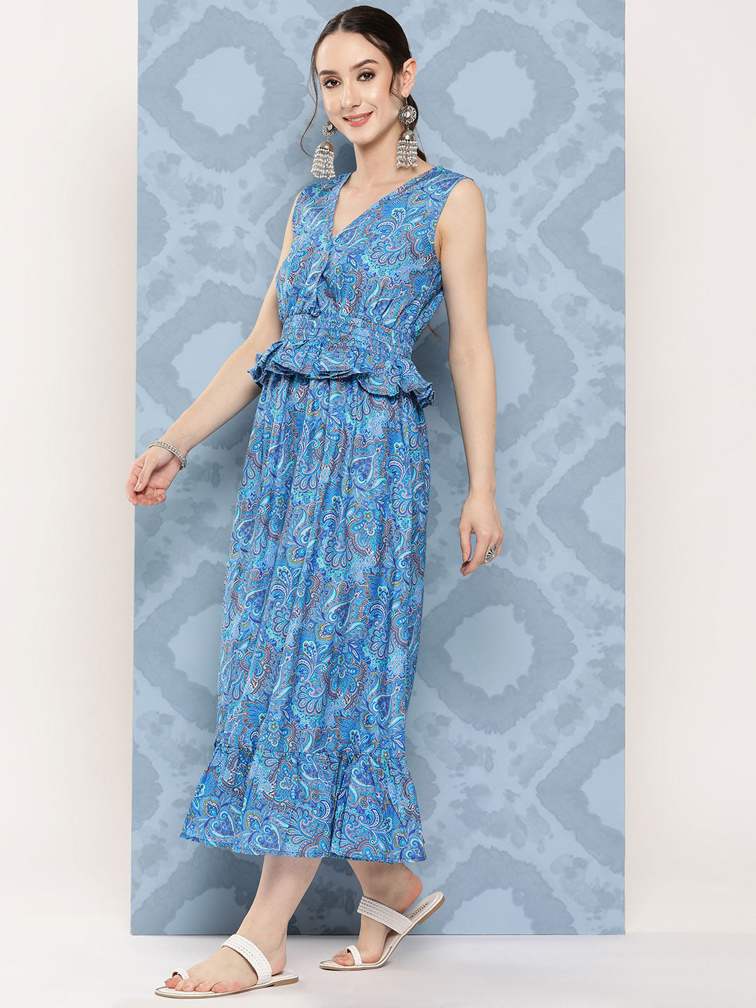 Sapphire Blue Floral Paisley Print Long Frill Dress