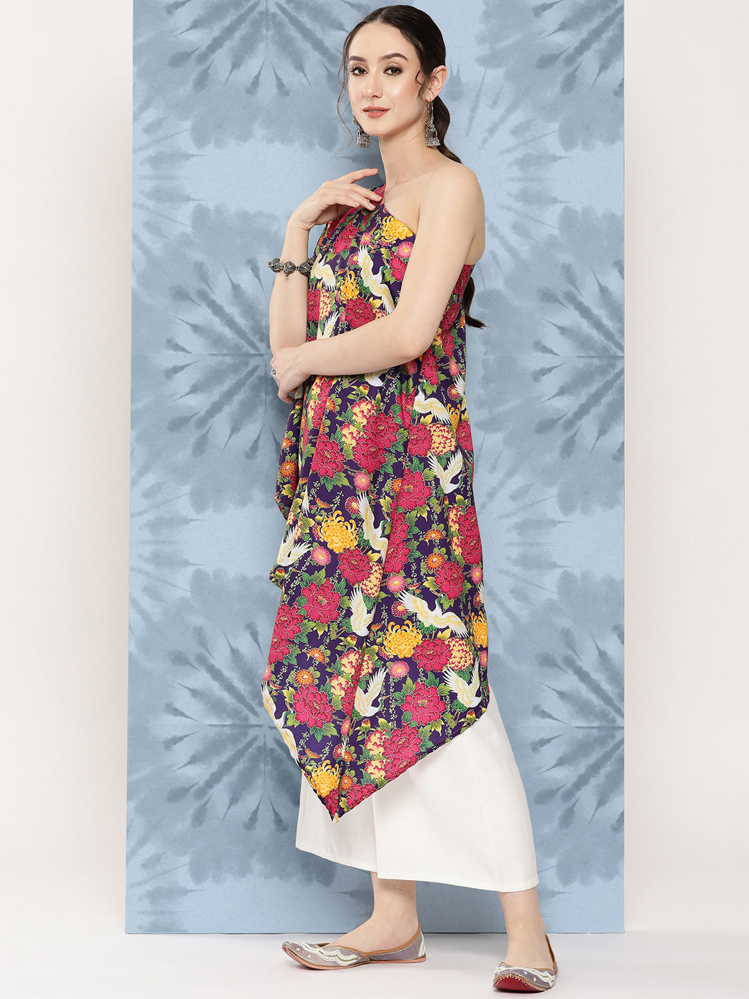 Navy Bird Japanese Art Oneshoulder Top