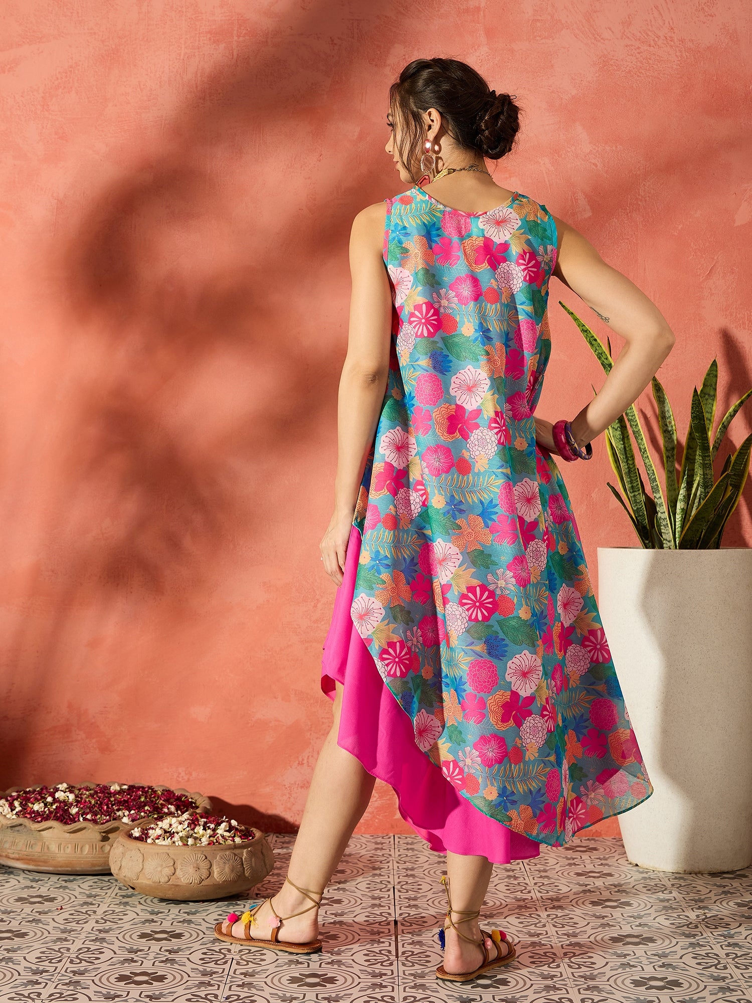 Blue Floral Fuchsia Asymmetrical Dress S
