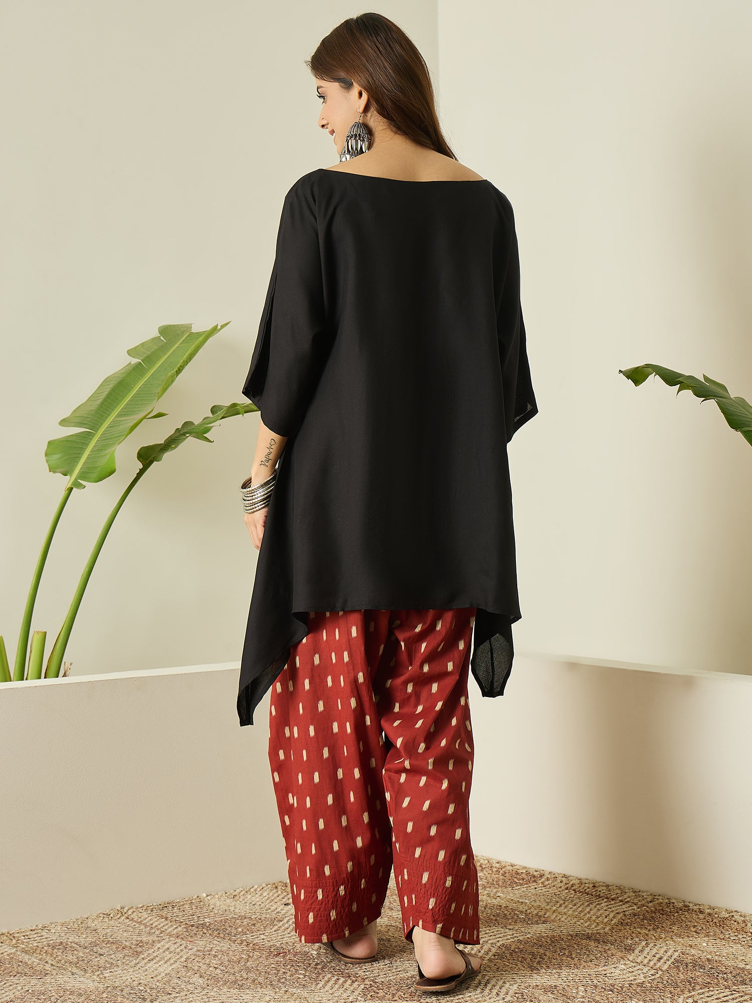 Black Boat Neck Rust Ikkat Salwar Set