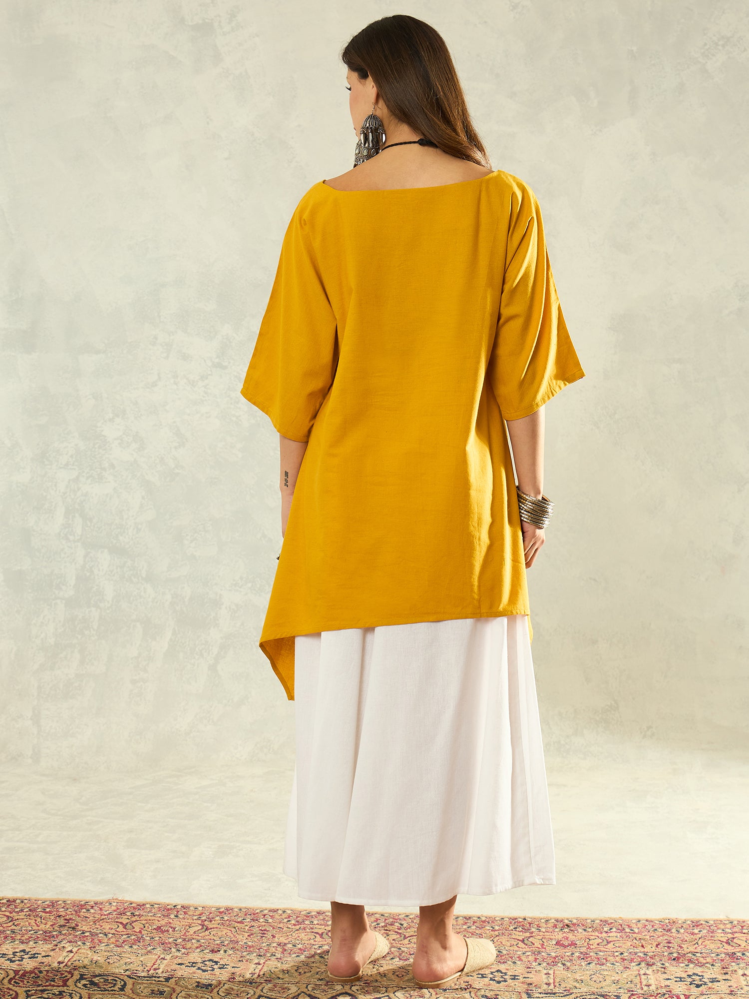 Yellow Boat Neck White Palazzo Set